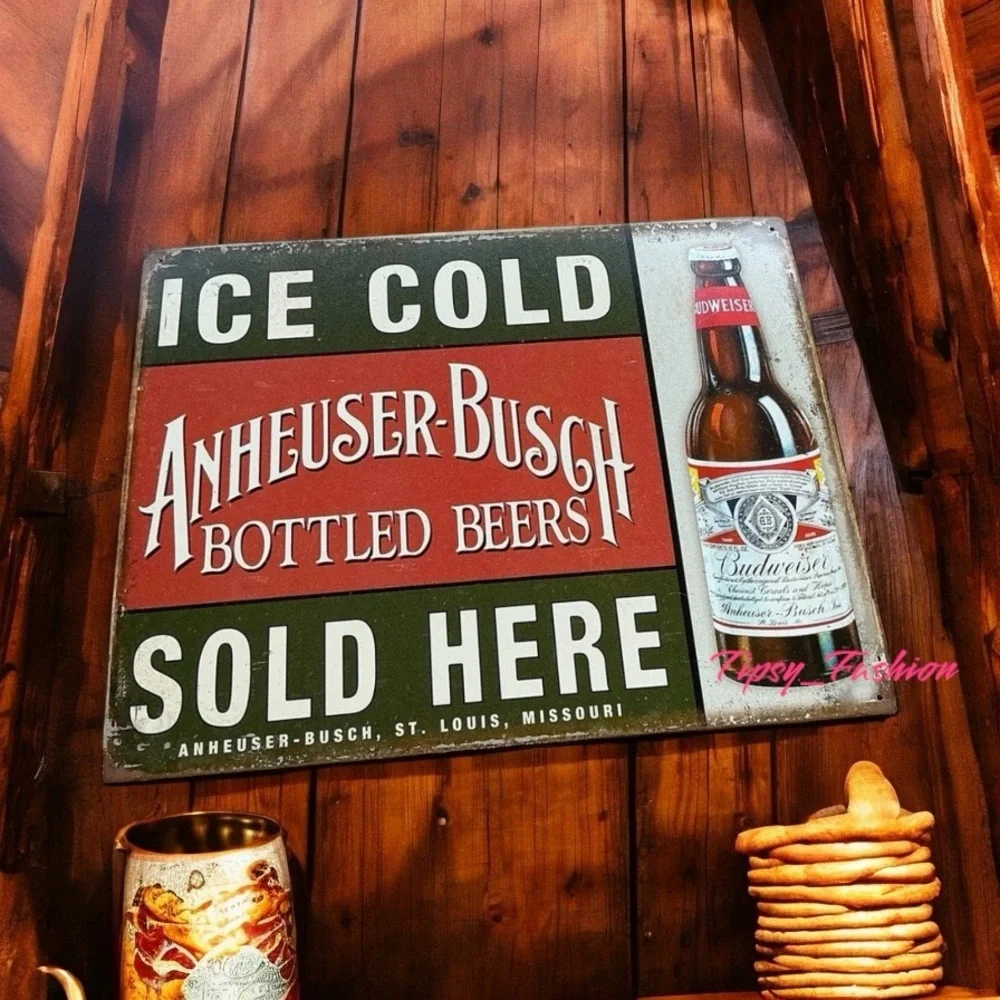 Vintage Budweiser Ice Cold Bottled Beer Metal Tin Sign Anheuser-Busch Bar Decor